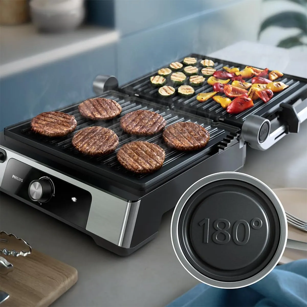 Philips Contact Grill 5000 Series - 2200W, Open 180° Flat Grilling, Adjustable Height, Removable Plates, High Power, Handle Lock, Silver/Black - HD6301/90 5