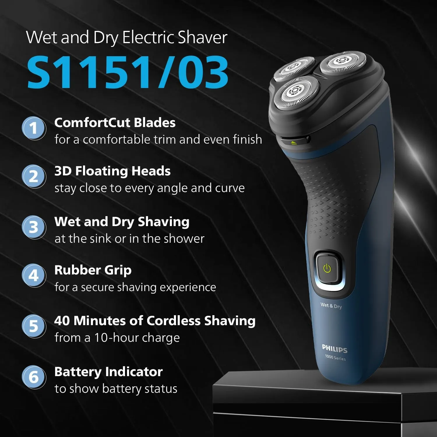 Philips Electric Shaver for Men, Wet and Dry Shaving, 3D Floating Heads, 27 Self-Sharpening Blades Cordless Waterproof S1151/03 (New Model) 3