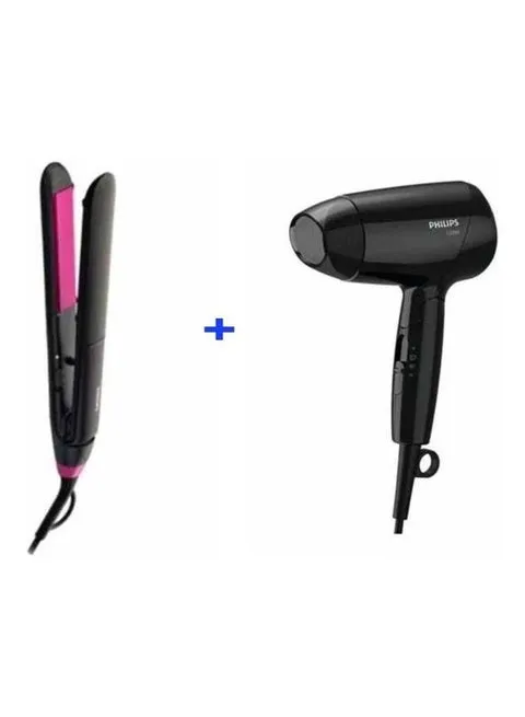 Philips Essential ThermoProtect Hair Styling Set, Hair Straightener & Hair Dryer, Black/Pink