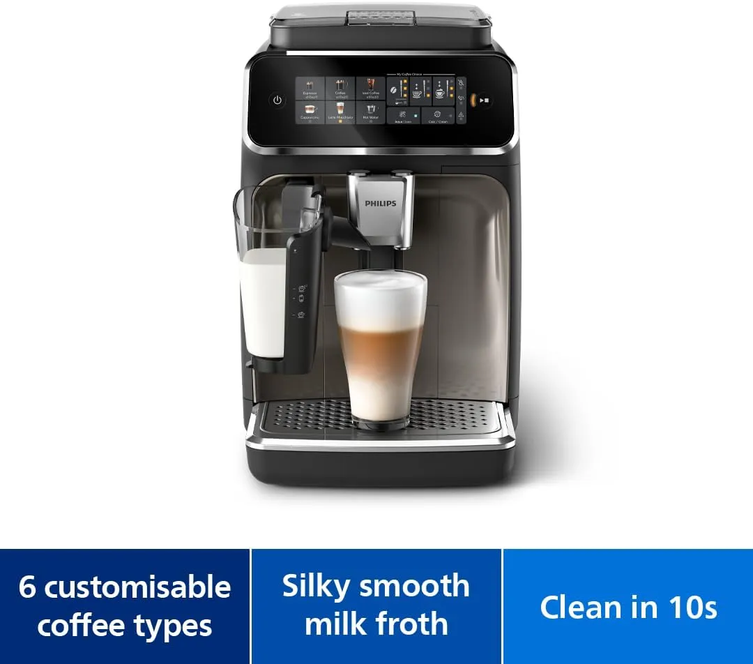 Philips Fully Automatic Coffee Machine Series 3300-6 Beverages, 1.8L Water Capacity, 1500W, LatteGo, SilentBrew, Coloured Touch Display, 12 Grinder Settings, Black Chrome - EP3347/90 3