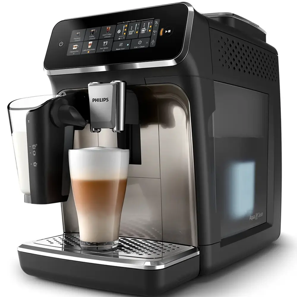 Philips Fully Automatic Coffee Machine Series 3300-6 Beverages, 1.8L Water Capacity, 1500W, LatteGo, SilentBrew, Coloured Touch Display, 12 Grinder Settings, Black Chrome - EP3347/90