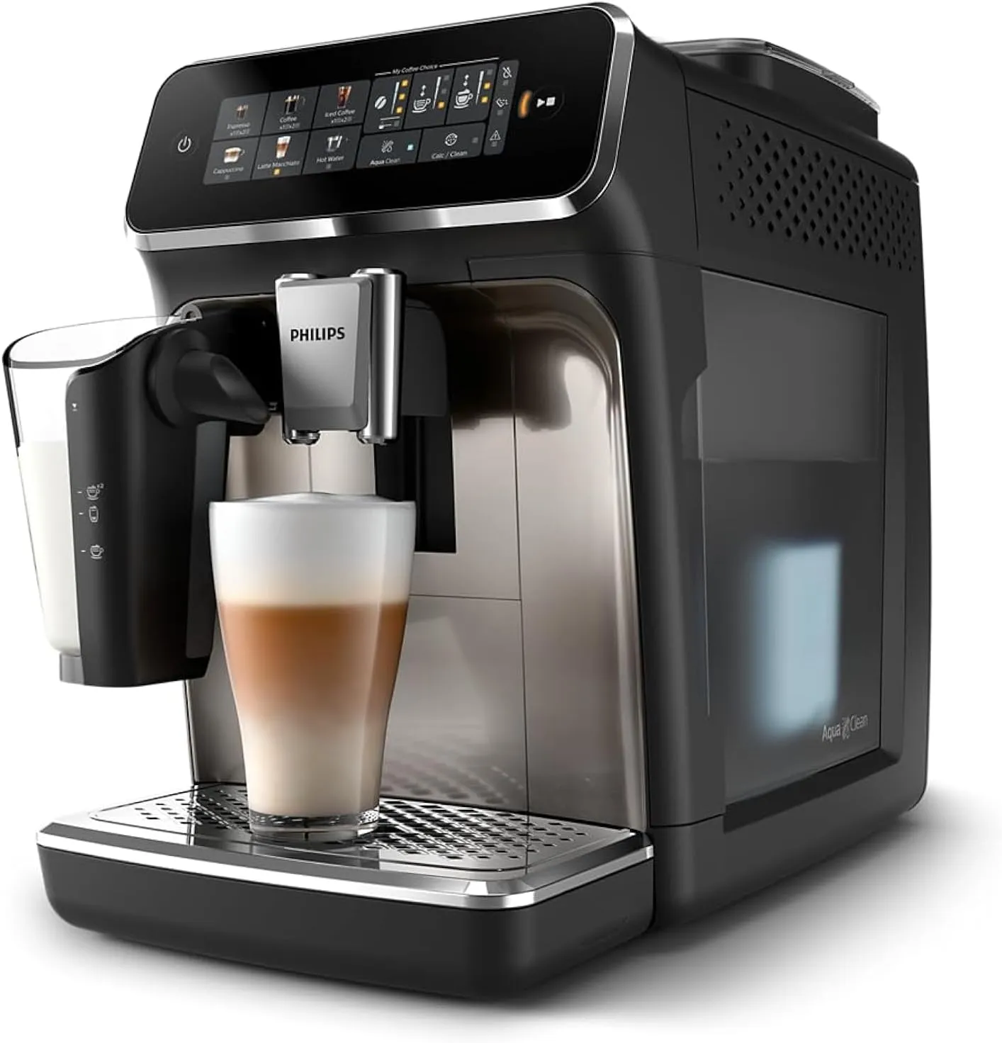 Philips Fully Automatic Coffee Machine Series 3300-6 Beverages, 1.8L Water Capacity, 1500W, LatteGo, SilentBrew, Coloured Touch Display, 12 Grinder Settings, Black Chrome - EP3347/90