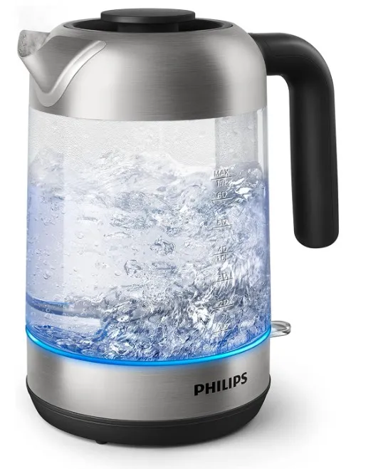 Philips Glass Kettle Series 5000-2200W, 1.7L, Blue Light Indicator, Removable lid, Metal/Transparent - HD9339/81