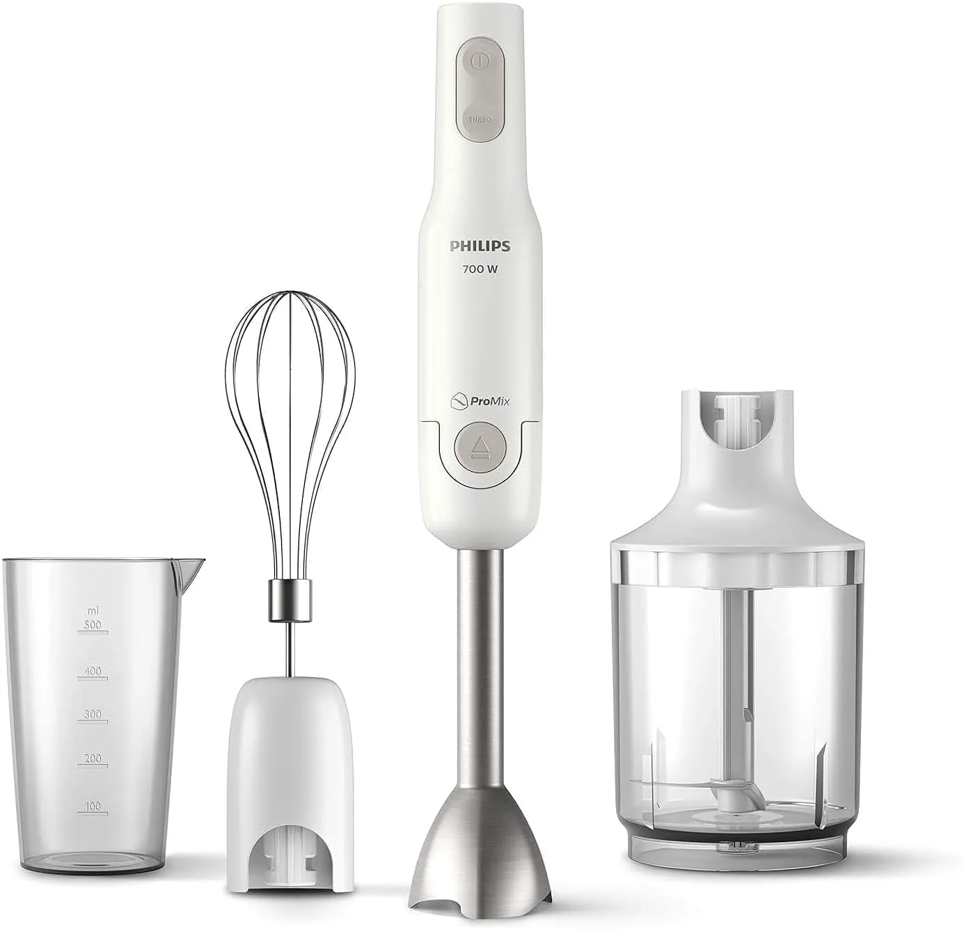 Philips Handblender Daily Collection - 700W, Includes Beaker + XL Chopper + Whisk, White - HR2545/01