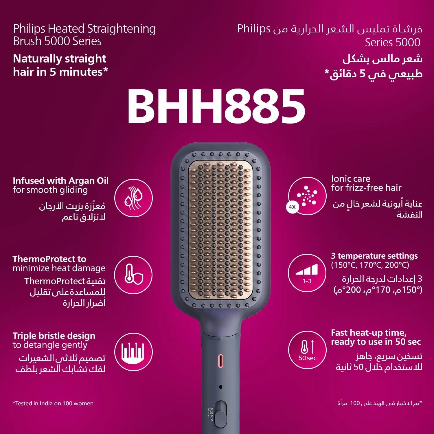 Philips Heated straightening brush BHH885/03 | Naturally straight hair in 5 minutes|Ionic Care|Argan Oil infused Ceramic Coating|3 Temperature modes|Triple bristle detangles & protect the scalp 2