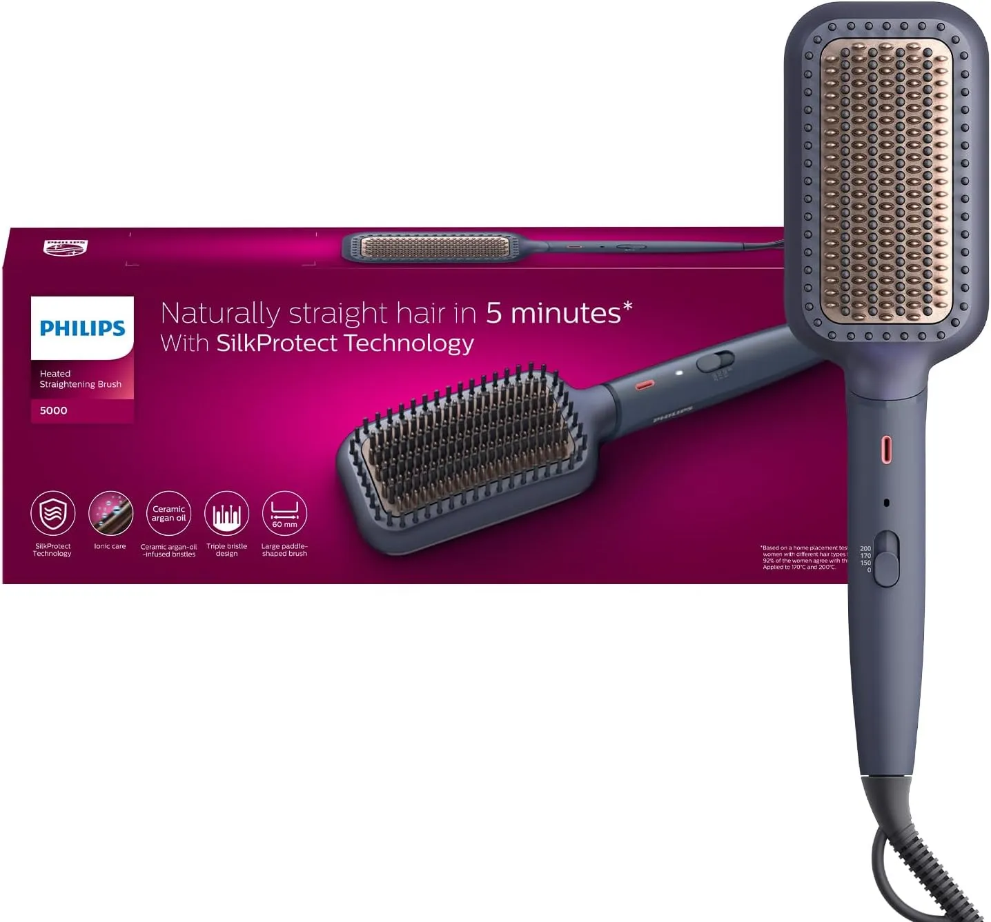 Philips Heated straightening brush BHH885/03 | Naturally straight hair in 5 minutes|Ionic Care|Argan Oil infused Ceramic Coating|3 Temperature modes|Triple bristle detangles & protect the scalp