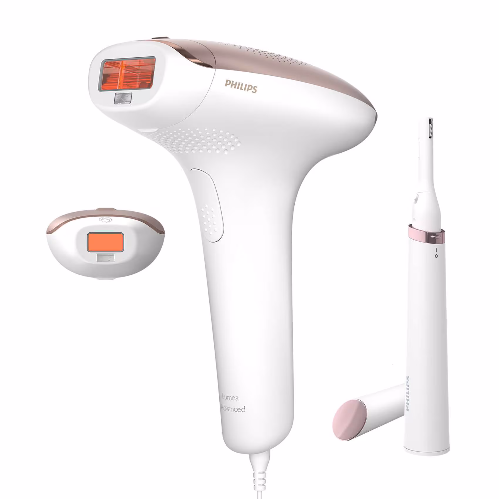 Philips Lumea IPL 7000 Series BRI921/60 Hair Removal Device, Skin-Tone Sensor, 250,000 Flashes, Body & Face Attachments, Satin Compact Pen Trimmer, Corded Use, White/Rose Gold