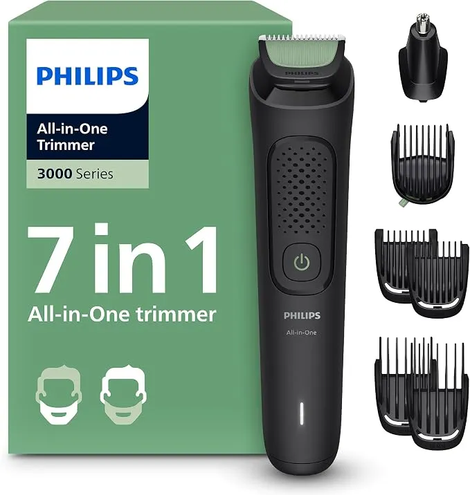 Philips Multigroom 3000 Series All-in-One 7-Piece Trimmer: Razor and Hair Trimmer for Face and Head, Self-Sharpening Skin-Friendly Blades, Ten Length Settings, Model MG3930/15