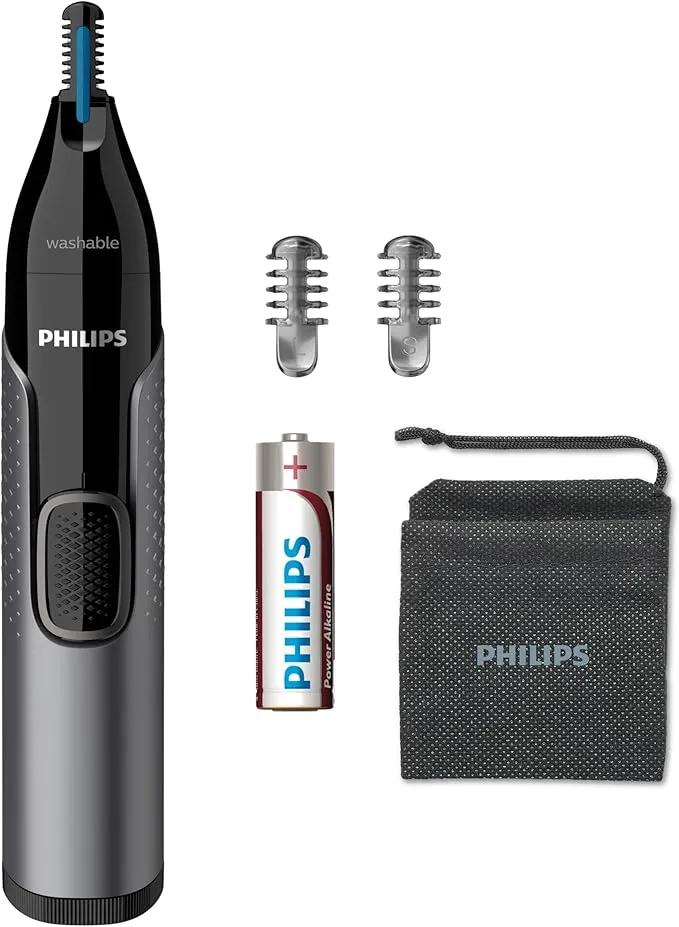 PHILIPS Nose Hair Trimmer, Series 3000 Nose, Ear and Eyebrow Trimmer Showerproof with Protective Guard System, Battery Operated, No pulling Guaranteed NT3650/16, Grey