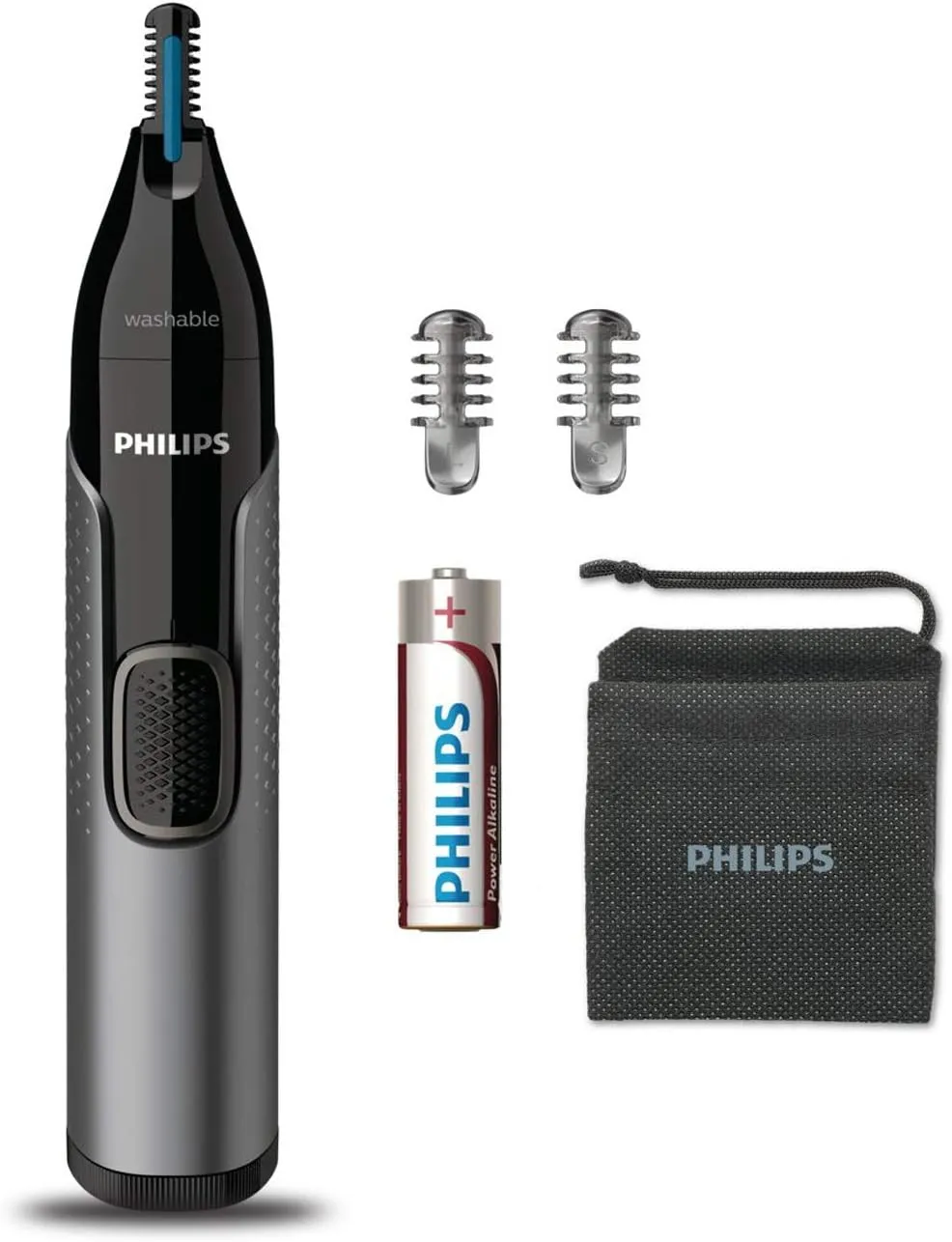 PHILIPS Nose Trimmer Nt3650/16, Cordless Nose, Ear & Eyebrow Trimmer with Protective Guard System, Fully Washable, Including AA Battery, 2 Eyebrow Combs, Pouch Gray