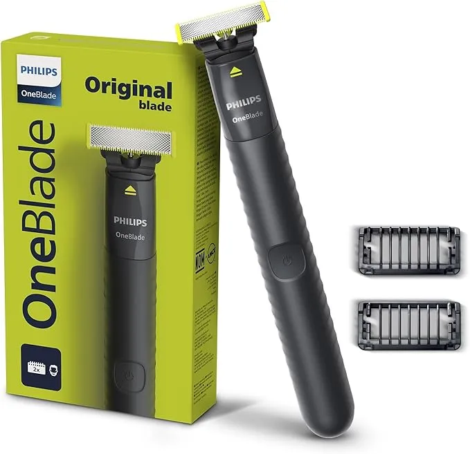 Philips OneBlade QP1424/10 Trim, Edge and Shave, 2 x Click-on Stubble Combs (1, 3 mm), Rechargeable, Wet & Dry Use - International Warranty