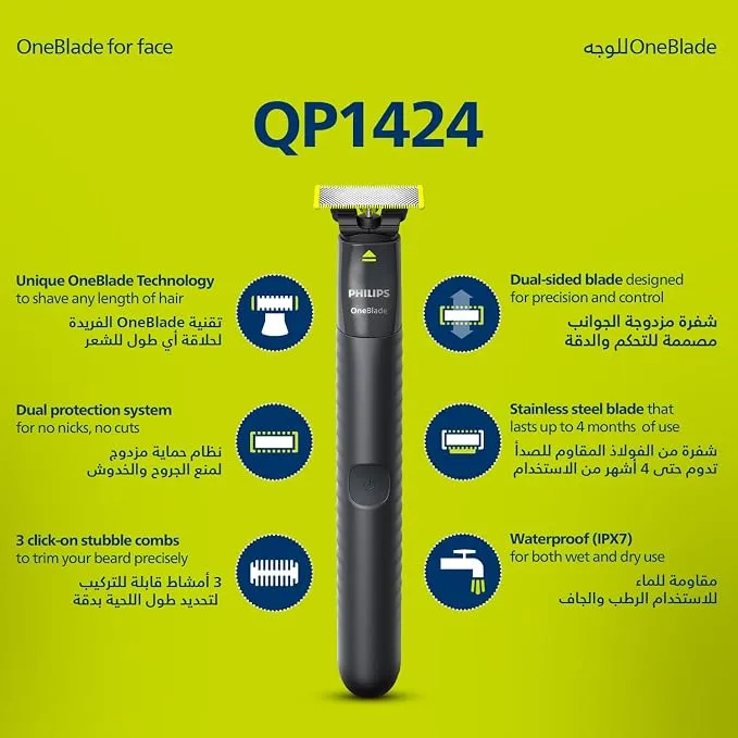 Philips OneBlade QP1424/10 | Trim, Edge & Shave Any Length | 2 Stubble Combs, Dual-Sided Blade | Wet & Dry Use, 30min Cordless 2