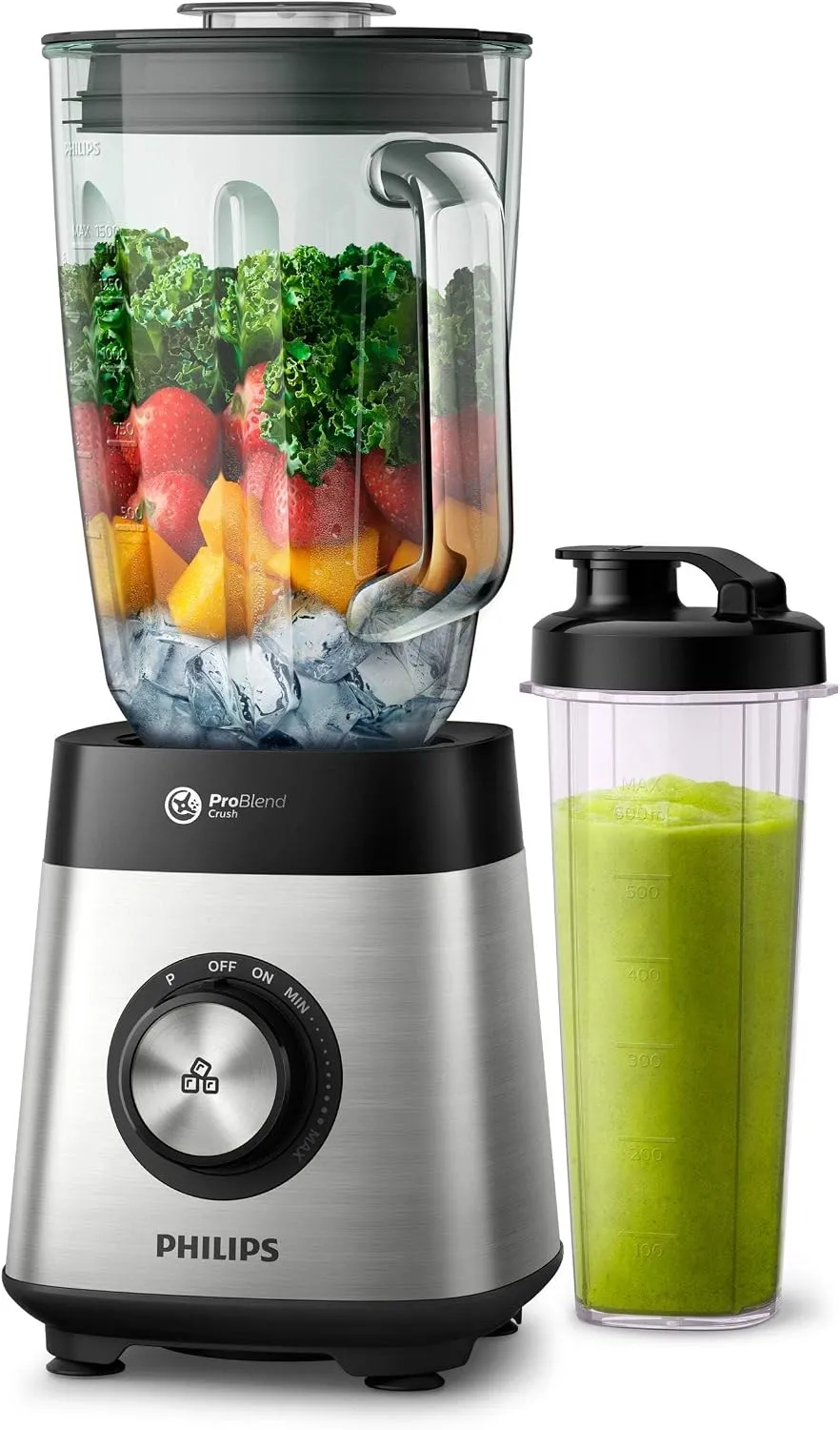 PHILIPS Series 5000 Blender, Metallic, 1000W metal, variable speed, 2l glass jar, 1 tumbler, problend 6, pulse button HR3573/91