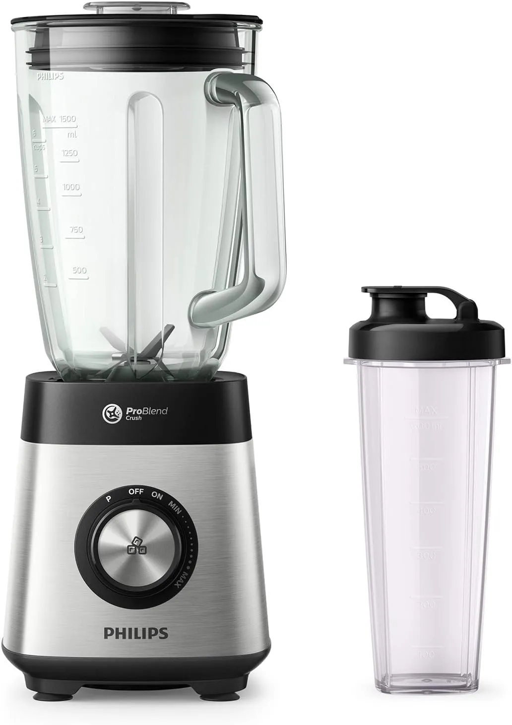 PHILIPS Series 5000 Blender, Metallic, 1000W metal, variable speed, 2l glass jar, 1 tumbler, problend 6, pulse button HR3573/91