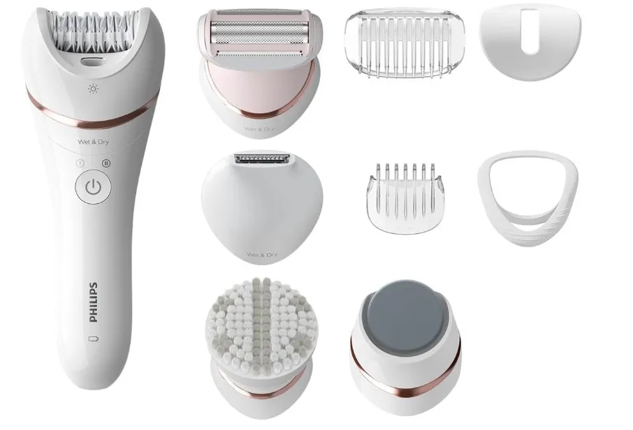 Philips Series 8000 Epilator, Wet And Dry Cordless Hair Removal And Skin Care System, For Legs, Body With 9 Accessories Including Shaver Head And Pedicure Foot File Bre740/11, White