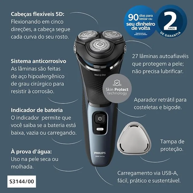 Philips Shaver S3144/00 | Wet & Dry Use | Smooth, Comfortable Shave with SkinProtect Tech | 5D Pivot & Flex Heads, PowerCut Blades | 60min Cordless Use, Pop-Up Trimmer Included 5