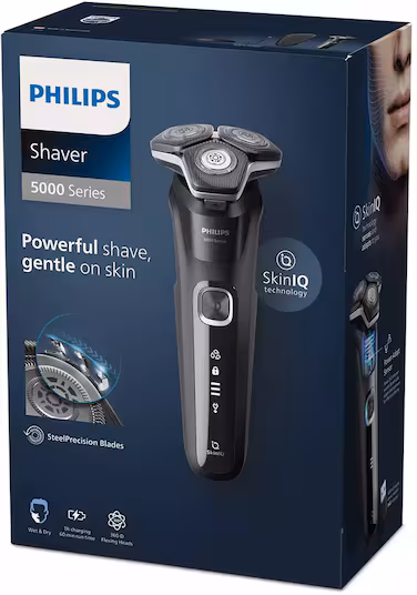 Philips Shaver Series 5000 S5898/35 Wet & Dry Electric Shaver with SkinIQ, SteelPrecision Blades, 360-D Flexing Heads, Charging Stand, 60-Minute Runtime, Grey/Black