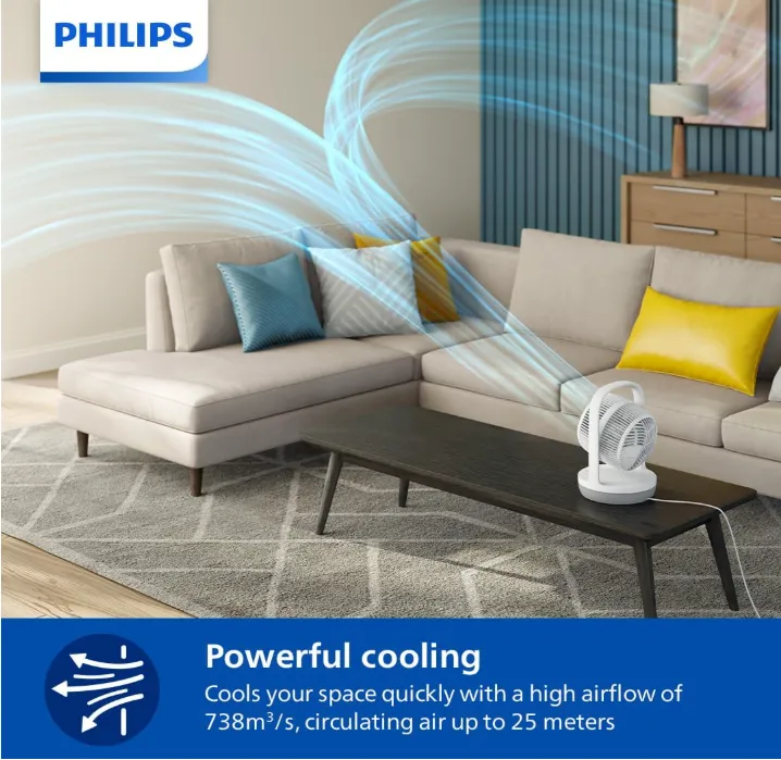 Philips Table Fan 2000 Series - Fan Airflow 738 m³/h, 22cm Head Diameter, 180° Tiltable, 3 Speeds, Sleep Mode, White - CX2050/00 3