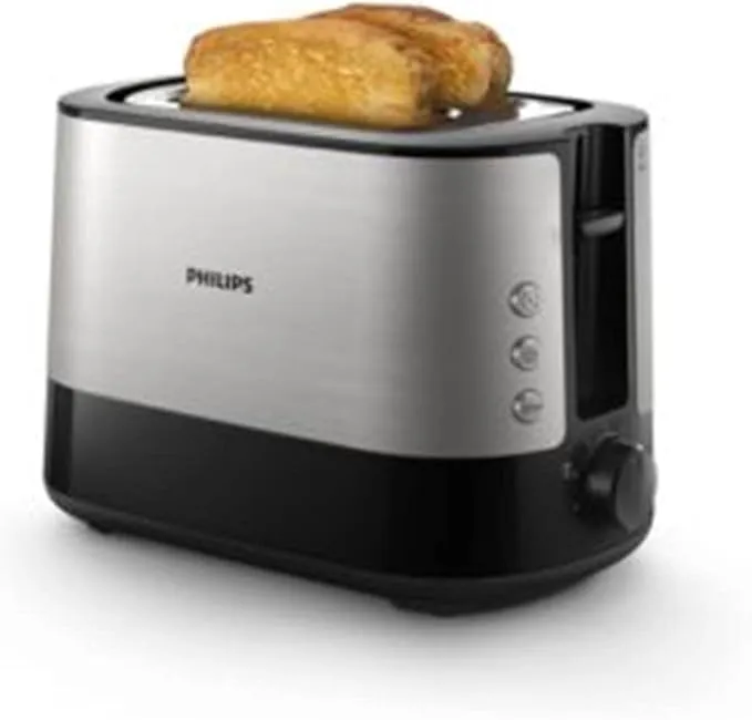 Philips Toaster Viva Collection - 2 Extra Wide Slots, 7 Browning Levels, Built-in Bun Warmer, Auto-Shut, Cancel Button, Defrost Function, Metal/Black - HD2637/9