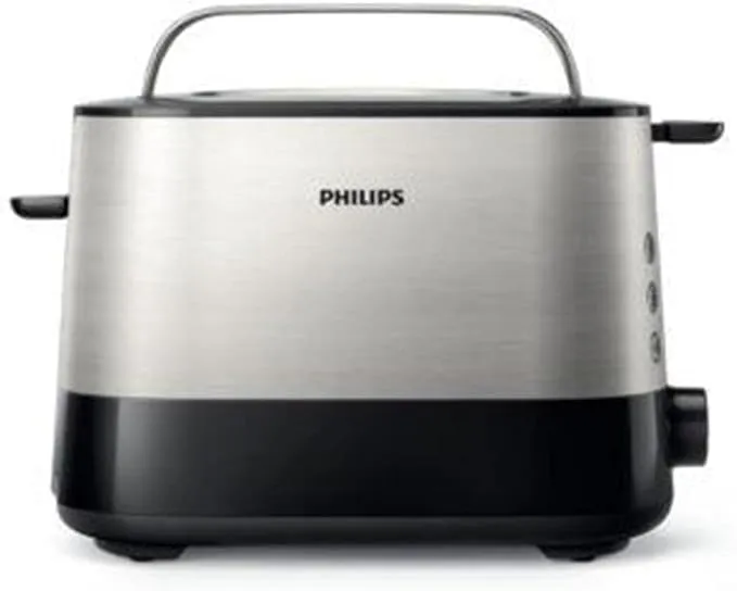 Philips Toaster Viva Collection - 2 Extra Wide Slots, 7 Browning Levels, Built-in Bun Warmer, Auto-Shut, Cancel Button, Defrost Function, Metal/Black - HD2637/9