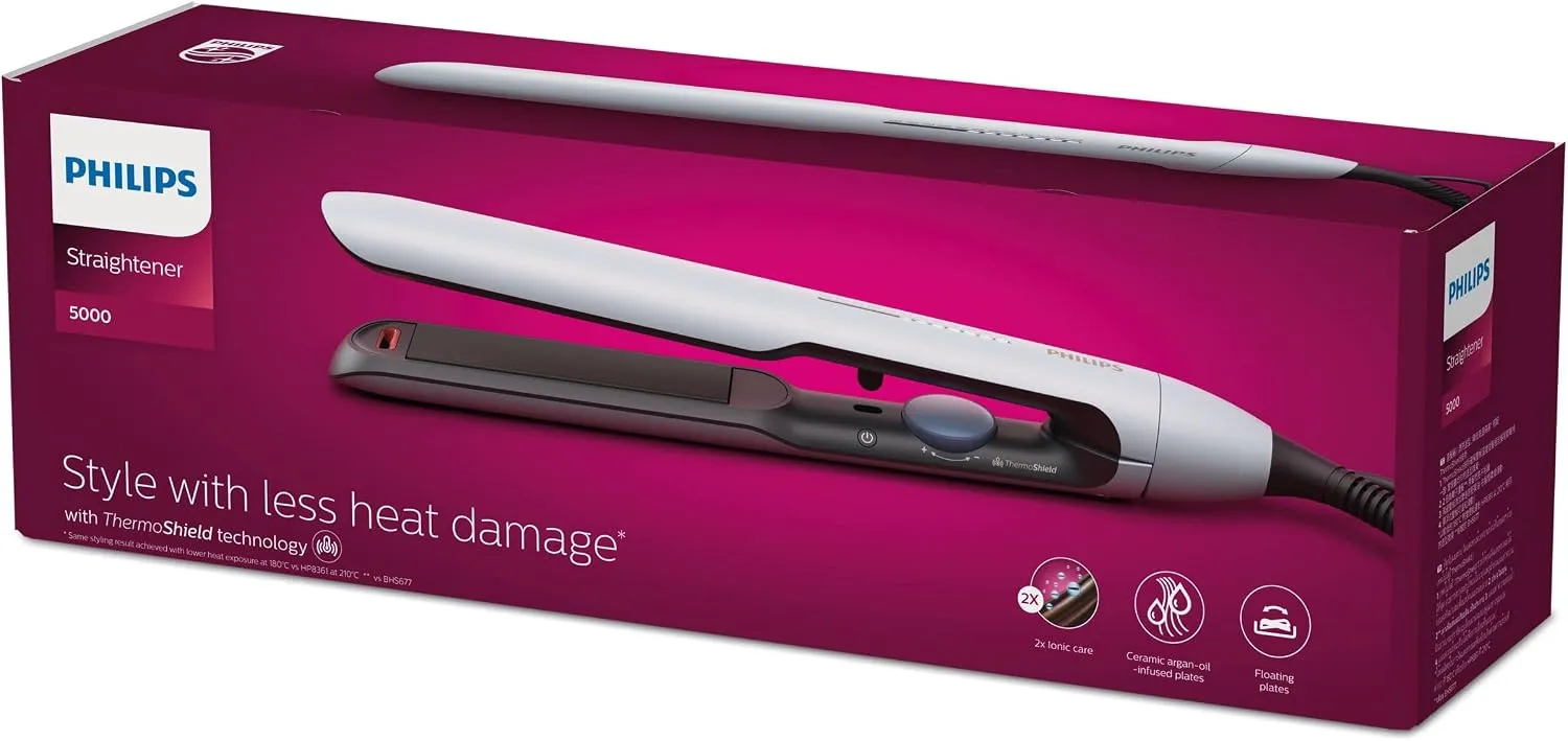 Philips Straightener 5000 Series BHS520/03 | ThermoShield Technology | ArganOil-Infused Plates | 2x Ionic Care | 12 Heat Settings 120°C - 230°C | Flating Plates | Cool Tips | Heat Resistant Mat 5