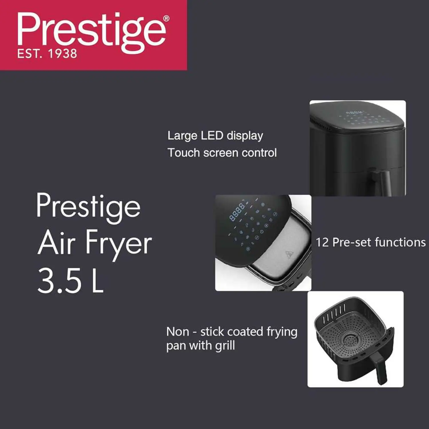 Prestige Air Fryer 3.5 Litre 1500W | Non Stick Coated Frying pan with Grill | Touch Panel with 12 Preset Function - PR50319