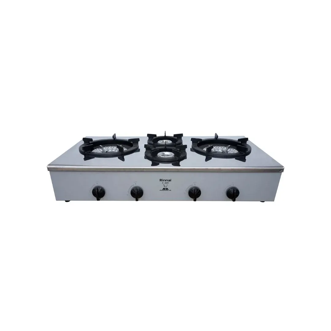 Rinnai 4 Burners Tabletop Gas Stove – RI4RSPN Stainless Steel LPG Gas Cooker with Auto Ignition, Dual High-Power Burners & Cast Iron Pan Supports