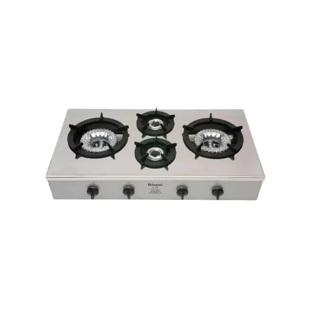 Rinnai 4 Burners Tabletop Gas Stove – RI4RSPN Stainless Steel LPG Gas Cooker with Auto Ignition, Dual High-Power Burners & Cast Iron Pan Supports 3