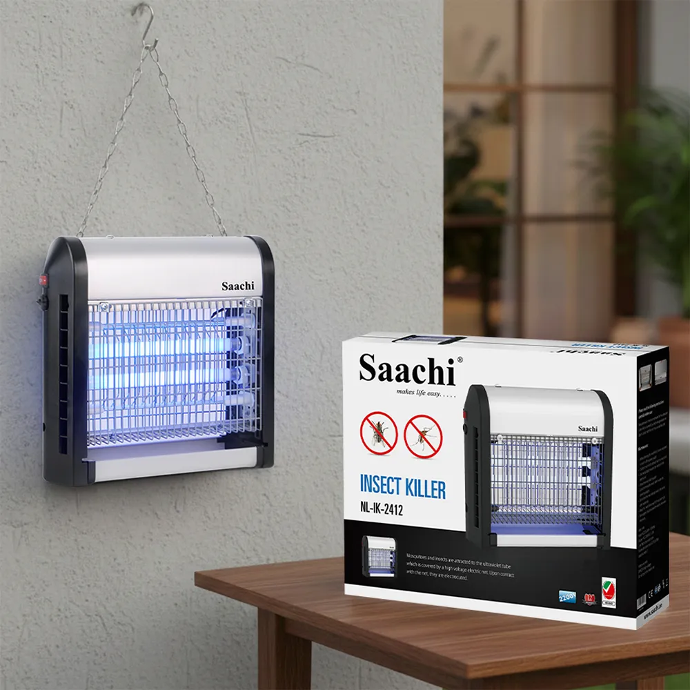 Saachi 14W Electric Mosquito & Insect Killer NL-IK-2412-BK, Dual UV Tubes, 2200V High-Voltage Grid, Removable Collection Tray, Tabletop & Hanging Installation, Black/Silver