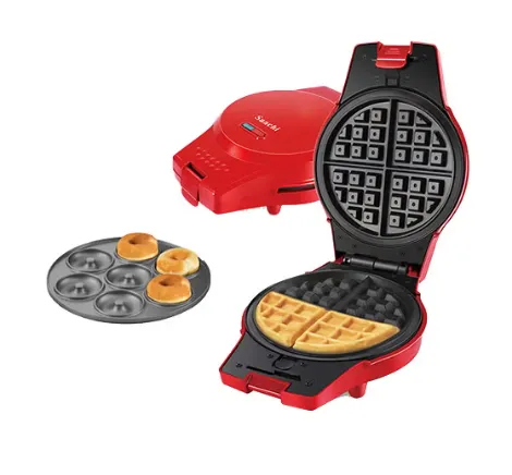 Saachi NL-2M-1564-RD 2-in-1 Waffle & Donut Maker, 1000W, 4-Piece Waffle Plate, 7-Piece Mini Donut Plate, Interchangeable Non-Stick Plates, Automatic Thermostat, Cool-Touch Body & Non-Slip Feet – Red