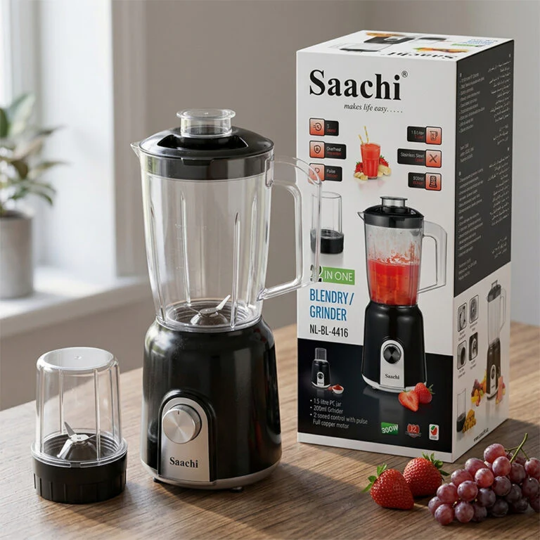 Saachi NL-BL-4416-BK 2-in-1 Blender & Grinder, 600W Low-Noise Motor, 1.5L PC Jar, 200ml Grinder, 2 Speeds with Pulse, Stainless-Steel Blade, Safety Lock & Overheat Protection – Black