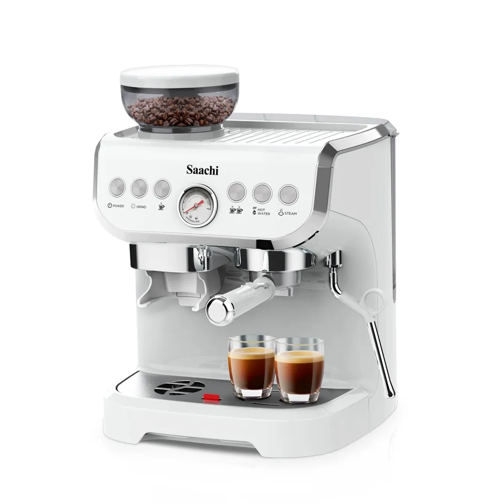 Saachi NL-COF-7066CG-WH 19-Bar Espresso Coffee Maker with Integrated Conical Burr Grinder, 1450W, 30 Grind Settings, 110g Bean Hopper, 2L Removable Water Tank, Thermoblock Heating, Pressure Gauge, Steam Milk Frother, Double-Shot Filter and Cup Warmer – White 4
