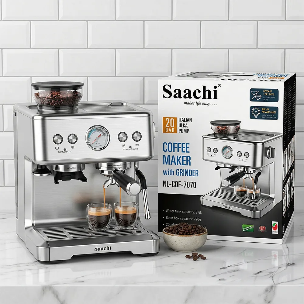 Saachi NL-COF-7070-ST 20-Bar Espresso Coffee Maker with Built-In Grinder, 2250W, Italian ULKA Pump, 20 Grind Settings, 220g Bean Hopper, 2.6L Water Tank, PID Temperature Control, Double Heating System, 58mm Portafilter, Pressure Gauge and Steam Milk Frother – Silver 2