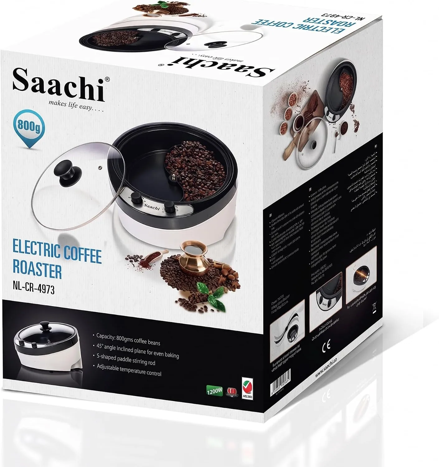 Saachi NL-CR-4973-WH 800g Electric Coffee Roaster, 1200W, Unique Bean-Lifting Blade, Tilted Roasting Pan, 0–240°C Adjustable Temperature, Indirect Heating & Glass Viewing Lid – White