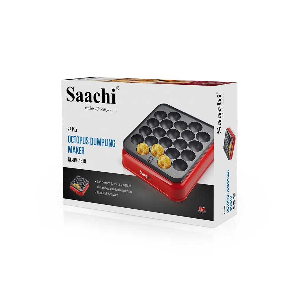 Saachi NL-DM-1858-RD Dumpling & Takoyaki Maker, 800W, Up to 22-Piece Capacity, Non-Stick Cooking Plate, Adjustable Thermostat Control, Cool-Touch Housing, On/Off Switch & Non-Slip Feet – Red