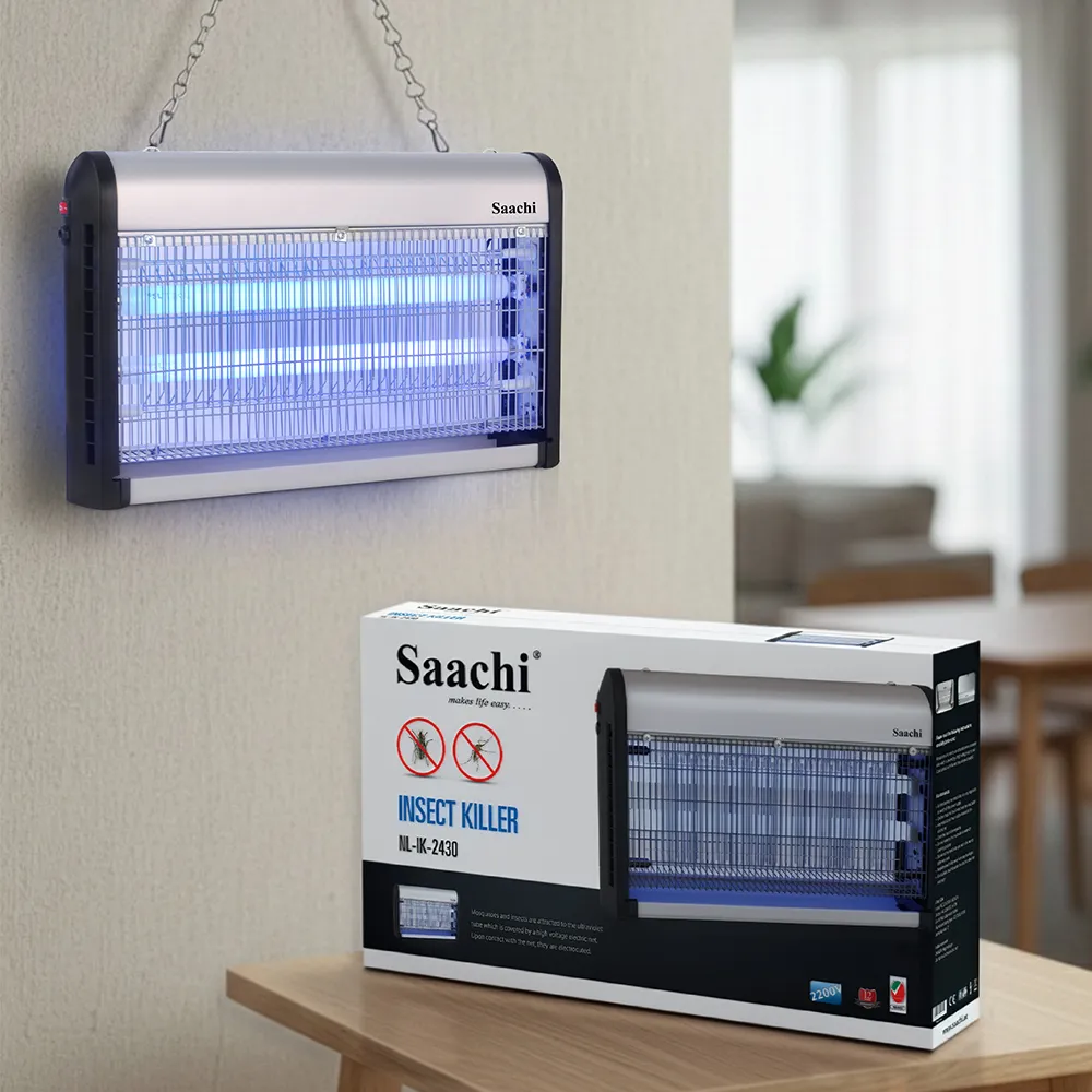 Saachi NL-IK-2430-BK 30W Electric Insect Killer, 2 × 15W UV Tubes, 2200V High-Voltage Grid, Removable Collection Tray, Hanging Hooks with Chain and Tabletop Installation – Grey/Black