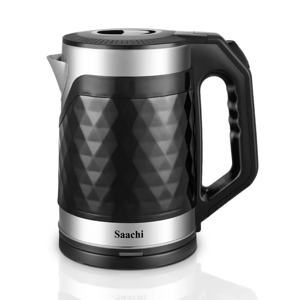 Saachi NL-KT-7762-BK 1.8L Cordless Electric Kettle, 1500W Fast Boil, Elegant Diamond Texture, Automatic & Manual Shut-Off, Boil-Dry and Overheat Protection, Concealed Heating Element, 360° Rotating Base – Black/Silver