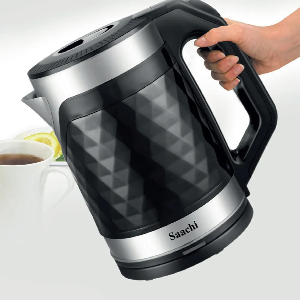 Saachi NL-KT-7762-BK 1.8L Cordless Electric Kettle, 1500W Fast Boil, Elegant Diamond Texture, Automatic & Manual Shut-Off, Boil-Dry and Overheat Protection, Concealed Heating Element, 360° Rotating Base – Black/Silver 3