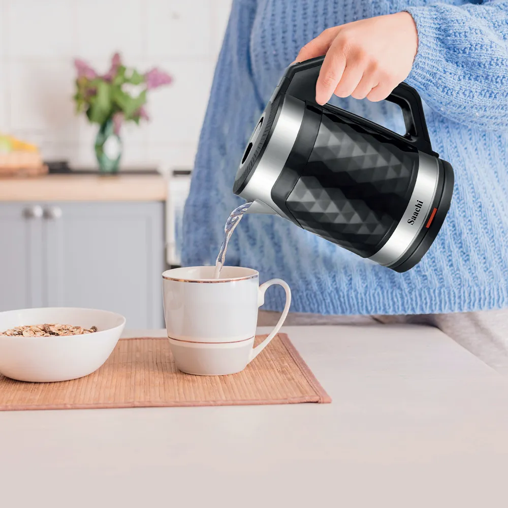Saachi NL-KT-7762-BK 1.8L Cordless Electric Kettle, 1500W Fast Boil, Elegant Diamond Texture, Automatic & Manual Shut-Off, Boil-Dry and Overheat Protection, Concealed Heating Element, 360° Rotating Base – Black/Silver 4