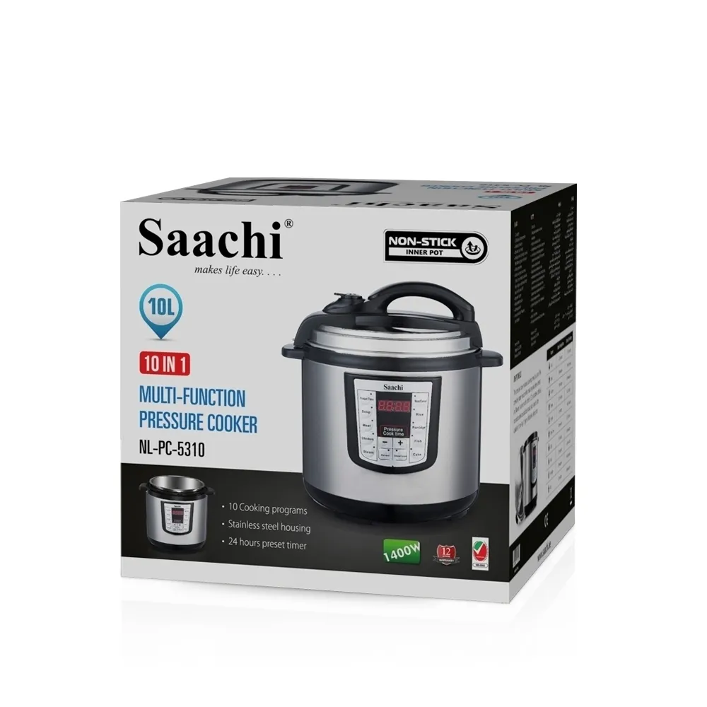 Saachi NL-PC-5310-BK 10L Electric Pressure Cooker & Multi-Cooker, 1400W, 10 Smart Cooking Programs, LED Display, 24-Hour Preset Timer, Non-Stick Inner Pot, Keep-Warm, Safety Float Valve & Stainless-Steel Housing – Black/Grey
