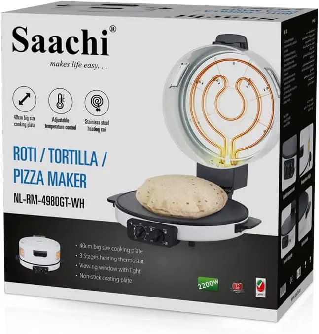 Saachi NL-RM-4980GT-WH 40cm Roti, Tortilla & Pizza Bread Maker, 2200W, Adjustable Temperature up to 240°C, Top/Bottom Heating Selection, Non-Stick Cooking Plate, Viewing Window, Cool-Touch Handles & Fuse Protection – White 4
