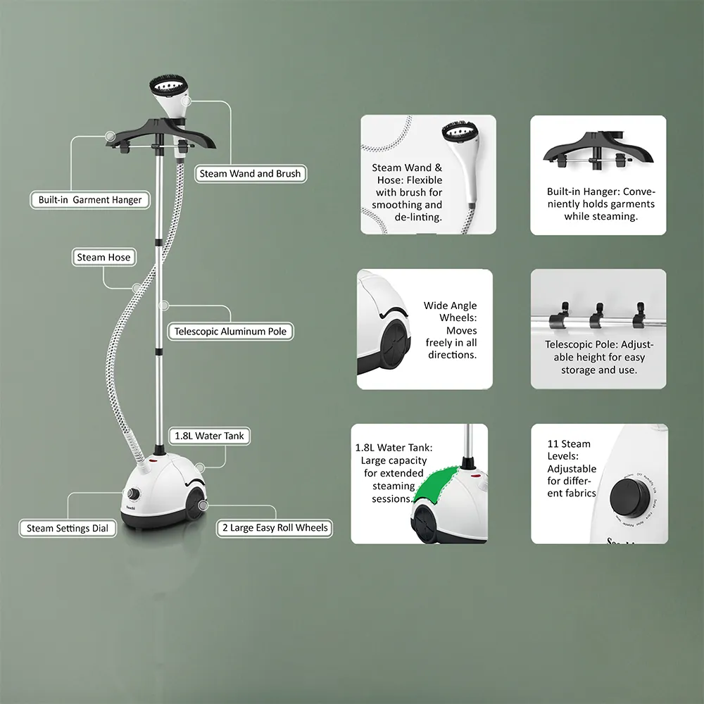 Saachi NL-VGS-1111-WH Upright Garment Steamer, 2000W, 1.8L Water Tank, 11 Steam Levels, 33g/min Steam Output, Up to 60-Minute Continuous Steam, 360° Rotating Hanger, Adjustable Aluminium Pole, 1.3m Hose and Anti-Scale Boiler – White 4