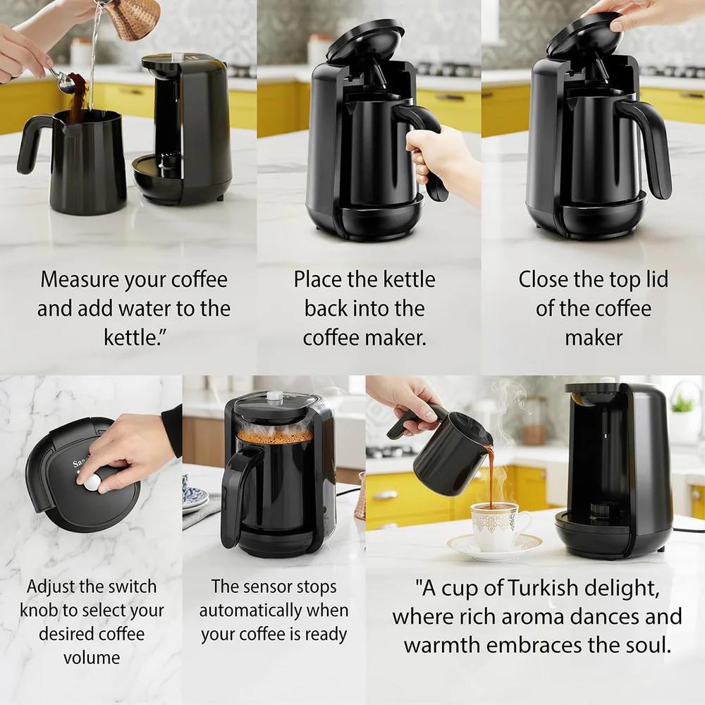 Saachi Turkish Coffee Maker NL-COF-7049-BK, Automatic Electric Turkish Coffee Machine, 4 Cups, 250ml, Anti-Overflow, Auto Shut Off, Tea Maker, 480W 4
