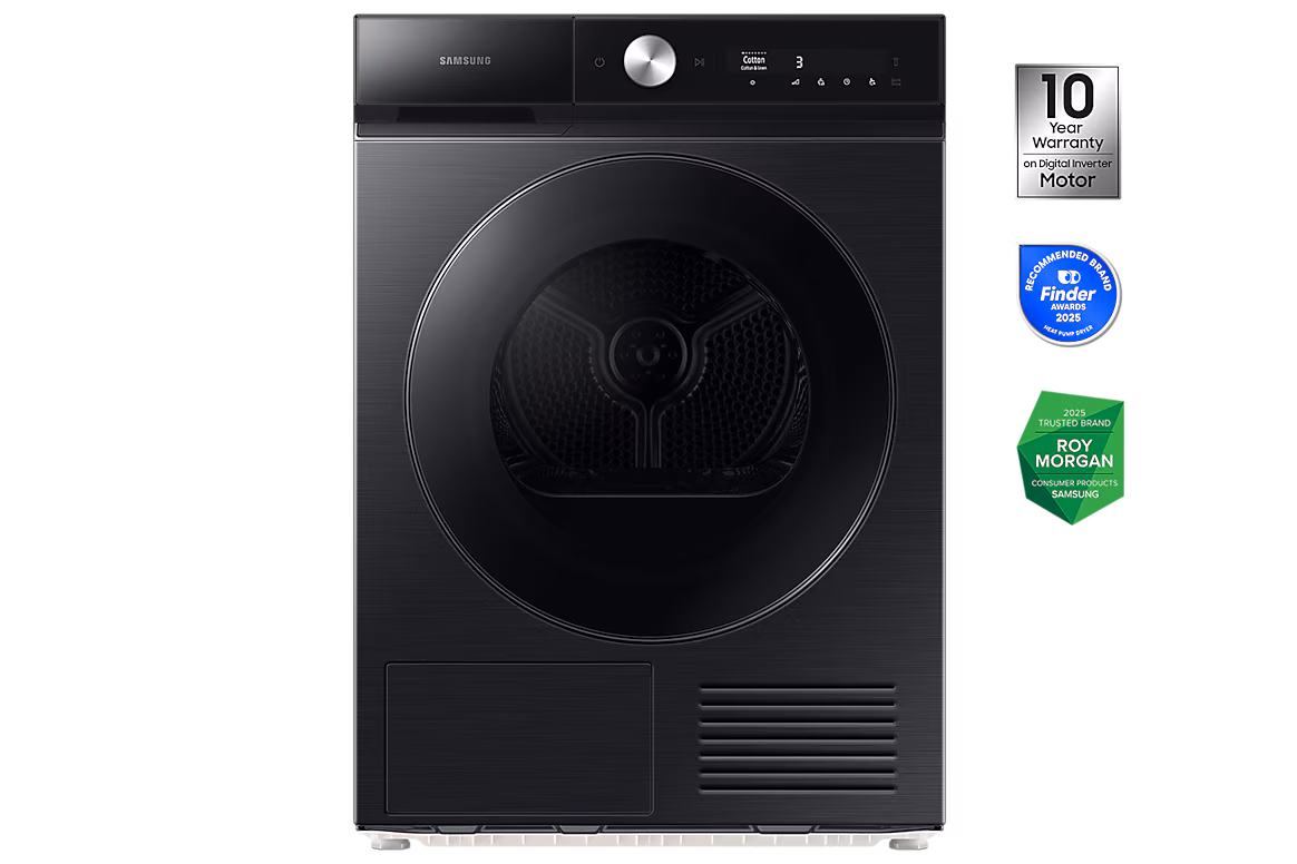 Samsung Bespoke AI Heat Pump Dryer, 9kg, A+++ Energy Efficiency, AI Dry, AI Control, QuickDrive, Super Speed, Hygiene Care, SmartThings Wi-Fi, Reversible Door, Black – DV90BB9440GBGU