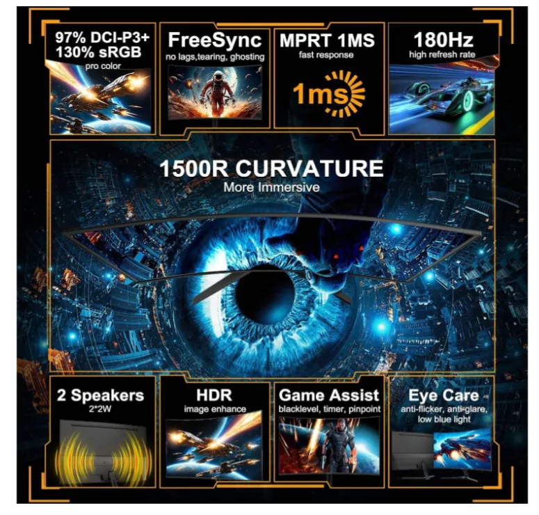 SANSUI ES-G24C1 Curved Gaming Monitor, 24" Fast VA Display, FHD Resolution, 180Hz Refresh Rate, 1ms (MPRT) Response Time, 1500R Curvature | ES-G24C1