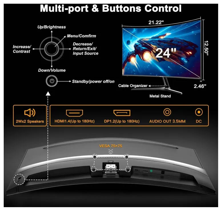 SANSUI ES-G24C1 Curved Gaming Monitor, 24" Fast VA Display, FHD Resolution, 180Hz Refresh Rate, 1ms (MPRT) Response Time, 1500R Curvature | ES-G24C1 4