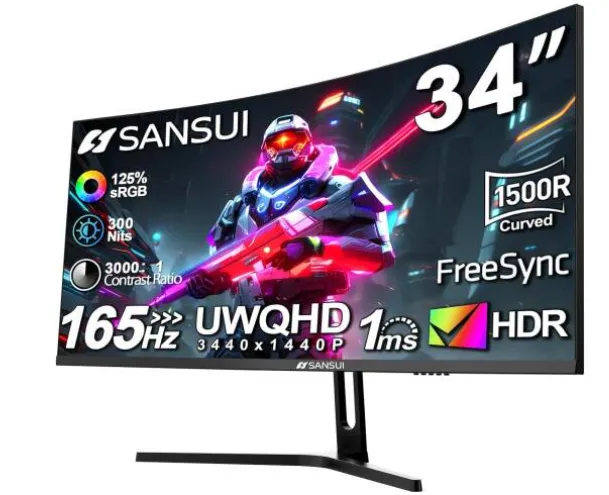 SANSUI ES-G34C5 Curved Gaming Monitor, 34" Fast VA Display, UWQHD Resolution, 165Hz Refresh Rate, 1ms (MPRT) Response Time, FreeSync Technology | ES-G34C5