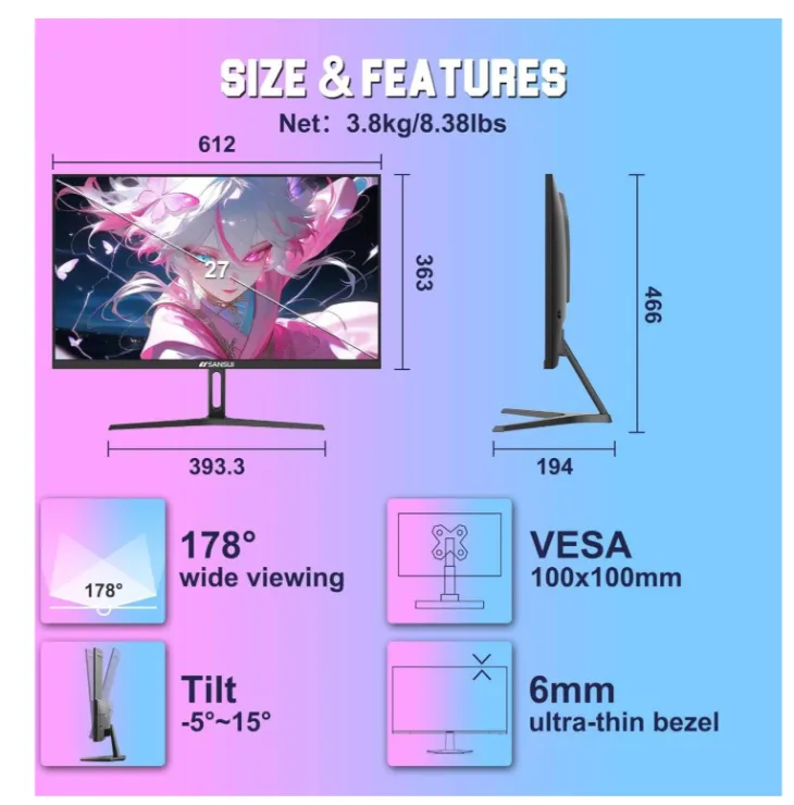 SANSUI F6 Gaming Monitor, 27" Fast IPS Display, WQHD Resolution, 260Hz Refresh Rate, 1ms (MPRT) Response Time, AMD FreeSync Premium Technology, Black | ESA-G27F6Q PRO 3