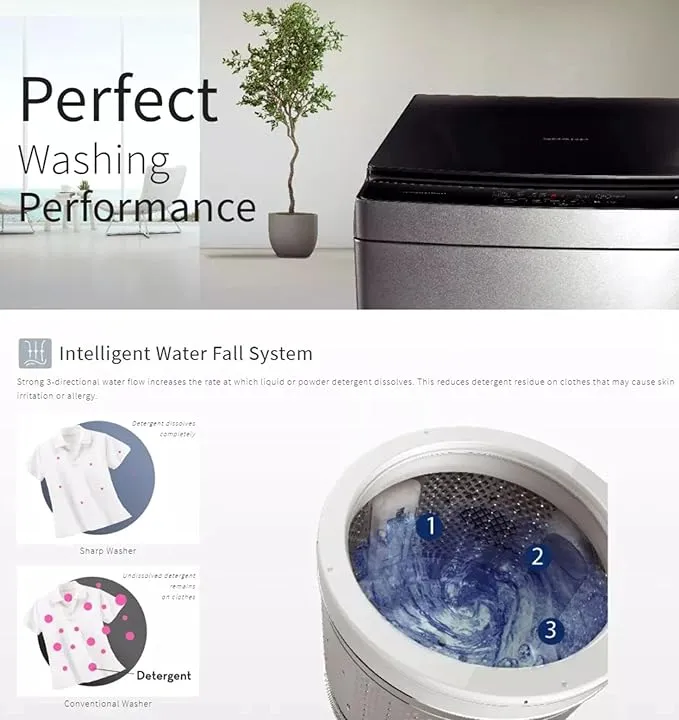 Sharp 9KG Top Load Washing Machine – ES-ME95CZ-S Fully Automatic Washing Machine with 900 RPM Spin Speed, Stainless Steel Tub, Intelligent Waterfall System, Tub Clean Function, Child Lock & Light Grey Finish 5