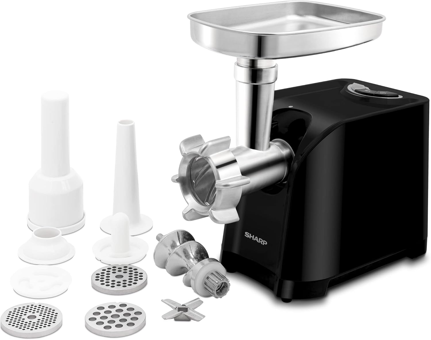 Sharp EG-PL41-K3 Electric Meat Grinder, 500W Rated / 2200W Maximum Power, 2.5kg/min Output, Japanese R-Shaped Stainless-Steel Blade, 3 Grinding Discs, Reverse Function, Sausage and Kubbe Attachments, Black/Silver
